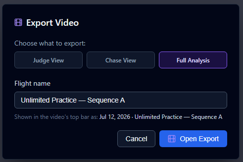 Video export dialog โ choose layout and flight name Video export dialog